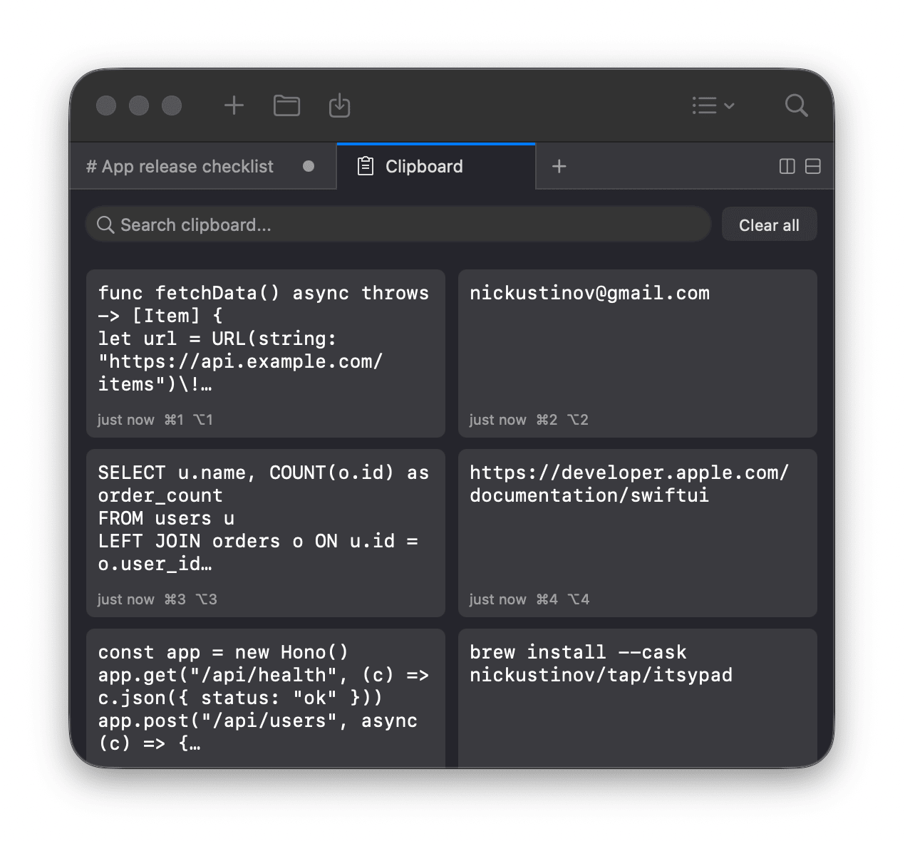 Itsypad clipboard manager — 1,000-item history with search, keyboard navigation, and grid or panel layout