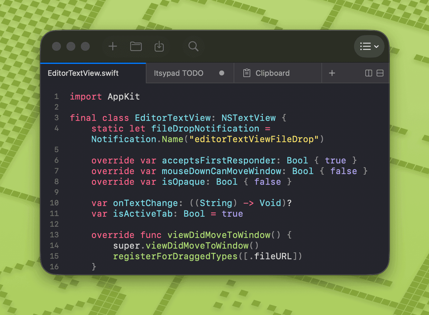 Itsypad text editor with syntax highlighting, multi-tab interface, and split view on macOS